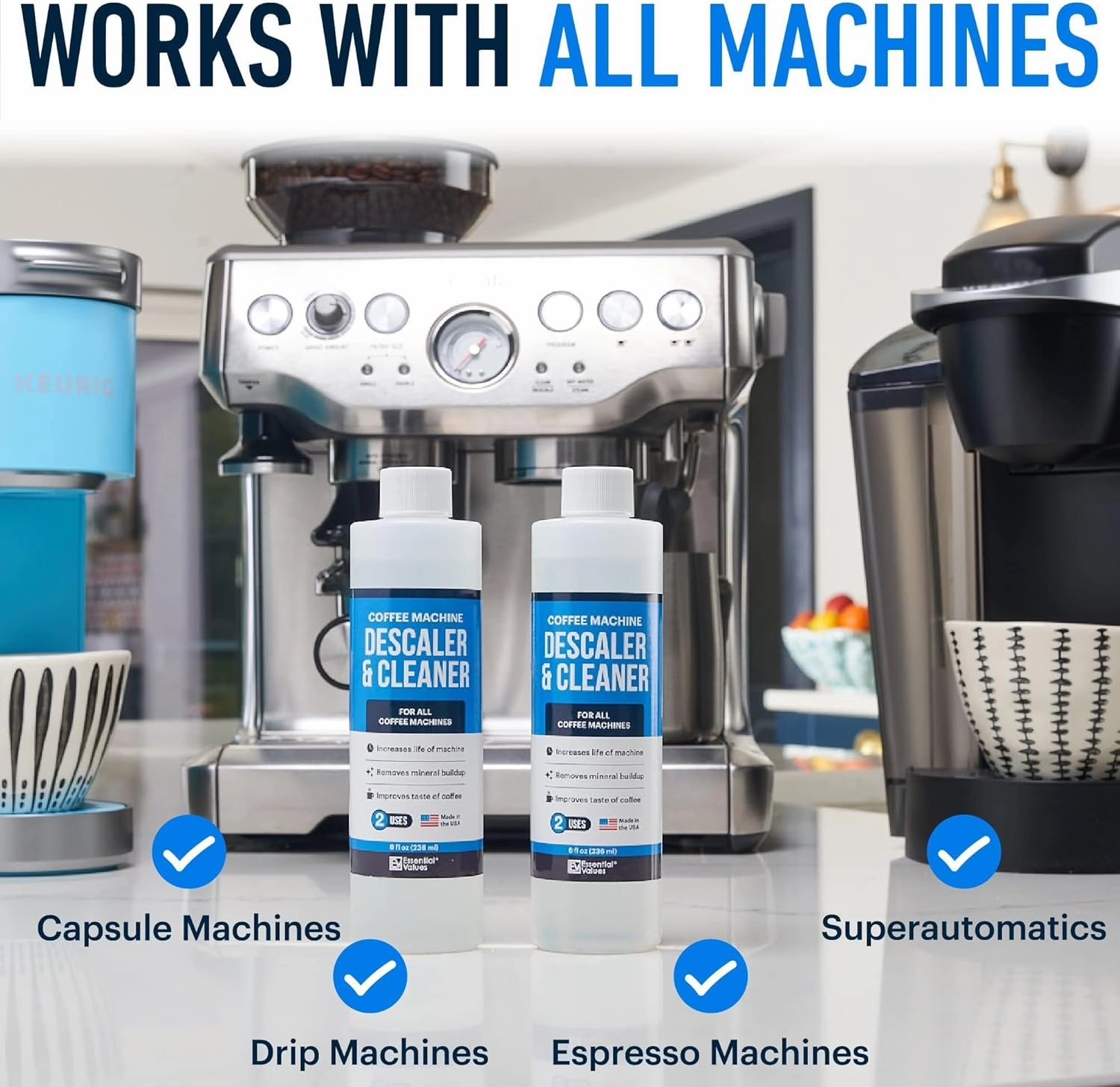 Essential Values Universal Descaling Solution for Keurig Breville Nespresso & Delonghi (4 Uses) | Coffee Machine Descaler Cleaner | Liquid To Descale Automatic Coffee Makers & Espresso Machines