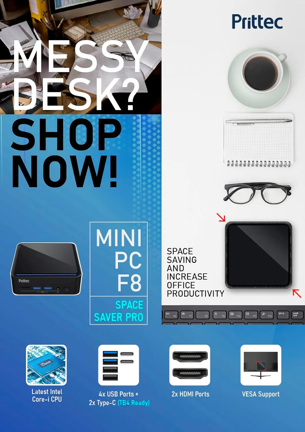 F8 Mini PC, Intel 13th gen i7-13620H, 32GB DDR4 RAM, 1TB M.2 SSD, Support 8K, Four Display, HDMI x2, USB3.2 Gen 1 x2, USB2.0 x2, Type-C x2, WiFi6/BT5.2, 2.5GB LAN x1, Win11 Pro