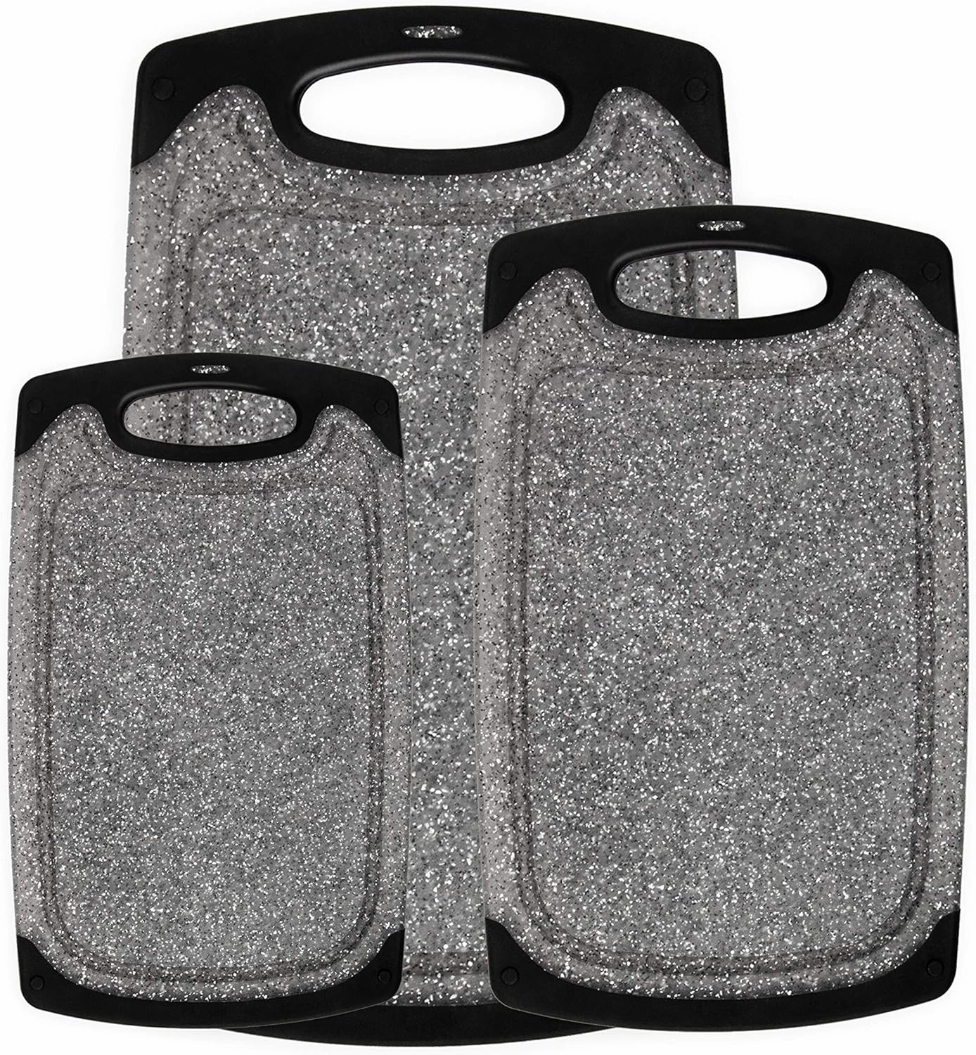 Famiry Reversible Cutting Board Set of 3, Plastic Chopping Board for Kitchen, Non-Slip Design with Easy Grip Handle, Juice Grooves, BPA Free, Dishwasher Safe (3-Piece, Black)