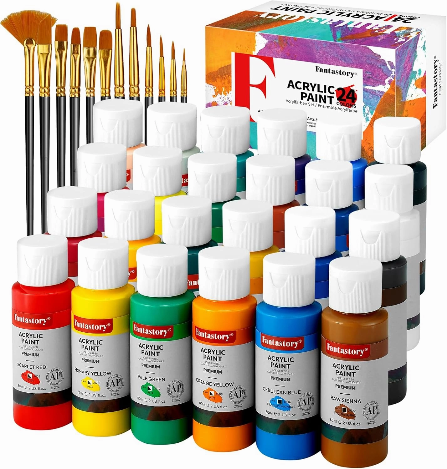 Fantastory Acrylic Paint Set, 24 x 60 ml with 12 Brushes; Christmas Acrylic Paint, Waterproof; For Artwork & DIY Projects on Canvas, Wood, Glass, Clay, Fabric, Ceramic, Paper, Canvas