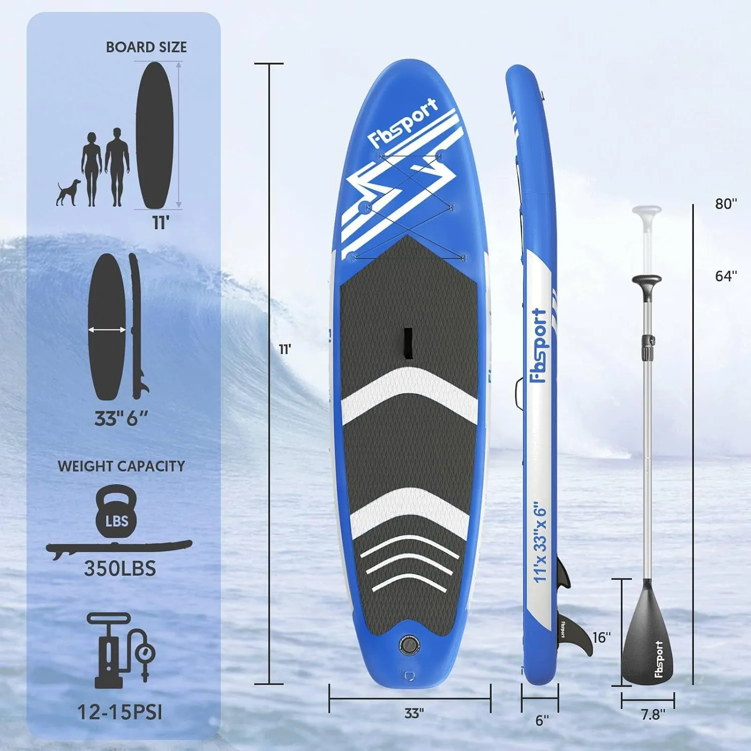 FBSPORT 11' Premium Stand Up Paddle Board, Yoga Board with Durable SUP Accessories & Carry Bag | Wide Stance, Surf Control, Non-Slip Deck, Leash, Paddle and Pump for Youth & Adult