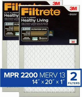 Filtrete 14x20x1 AC Furnace Air Filter, MERV 13, MPR 2200, Elite Allergen, Bacteria & Virus Filter, 3-Month Pleated 1-Inch Electrostatic Air Cleaning Filter, 2-Pack (Actual Size 13.81x19.81x0.78 in)