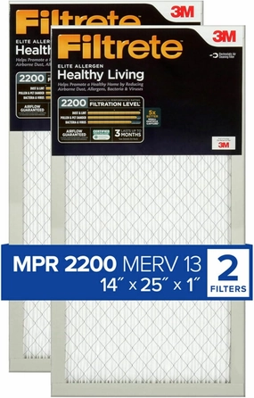 Filtrete 14x25x1 AC Furnace Air Filter, MERV 13, MPR 2200, Elite Allergen, Bacteria & Virus Filter, 3-Month Pleated 1-Inch Electrostatic Air Cleaning Filter, 2-Pack (Actual Size 13.81x24.81x0.78 in)