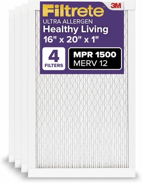 Filtrete 16x20x1 AC Furnace Air Filter, MERV 12, MPR 1500, CERTIFIED asthma & allergy friendly, 3 Month Pleated 1-Inch Electrostatic Air Cleaning Filter, 4-Pack (Actual Size 15.69 x 19.69 x 0.78 in)