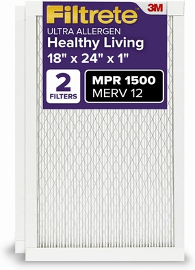 Filtrete 18x24x1 AC Furnace Air Filter, MERV 12, MPR 1500, CERTIFIED asthma & allergy friendly, 3 Month Pleated 1-Inch Electrostatic Air Cleaning Filter, 2-Pack (Actual Size 17.81x23.81x0.78 in)
