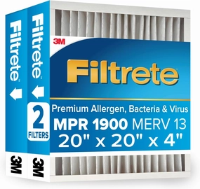 Filtrete 20x20x4 AC Furnace Air Filter, MERV 13, MPR 1900, Fits Honeywell Devices, CERTIFIED Asthma & Allergy Friendly, Premium Allergen, Bacteria & Virus, 2-Pack (Actual Size 19.75 x 19.75 x 4.31 in)