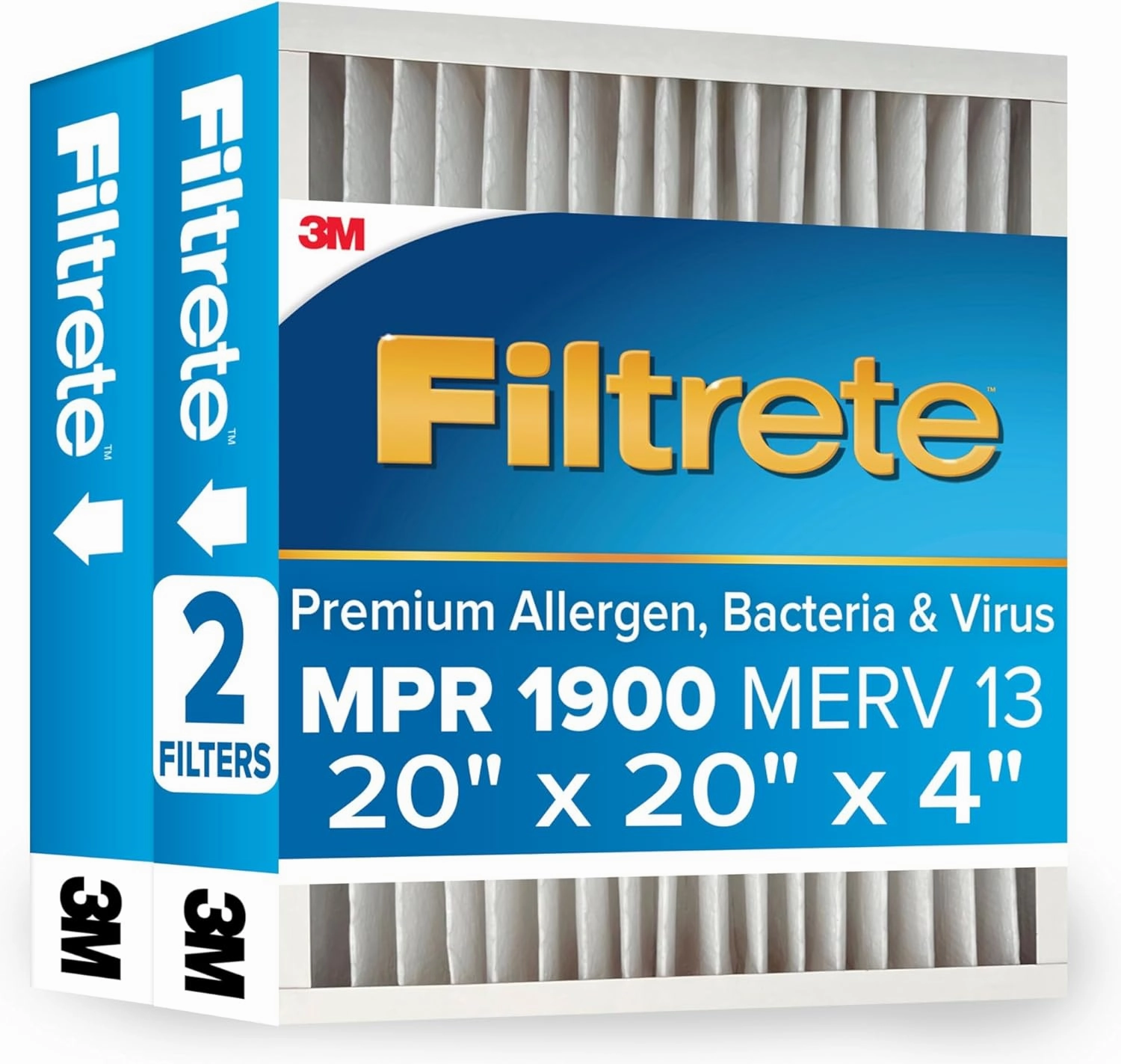 Filtrete 20x20x4 AC Furnace Air Filter, MERV 13, MPR 1900, Fits Honeywell Devices, CERTIFIED Asthma & Allergy Friendly, Premium Allergen, Bacteria & Virus, 2-Pack (Actual Size 19.75 x 19.75 x 4.31 in)