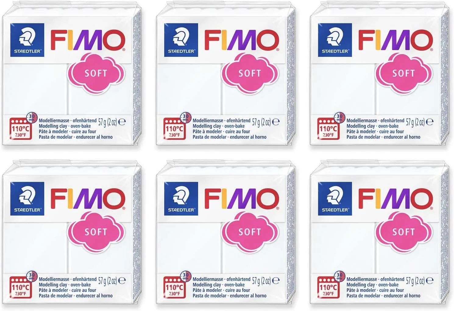 FIMO Soft Polymer Oven Bake Modelling Clay - 57g Blocks - Set of 6 - White