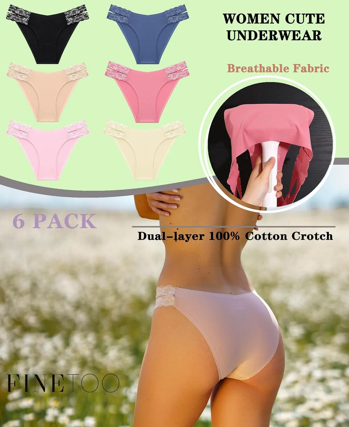 FINETOO Seamless Underwear for Women Cheeky Bikini Panties High Cut V-waist Lace Underwear Women Cute Bikinis 6 Pack