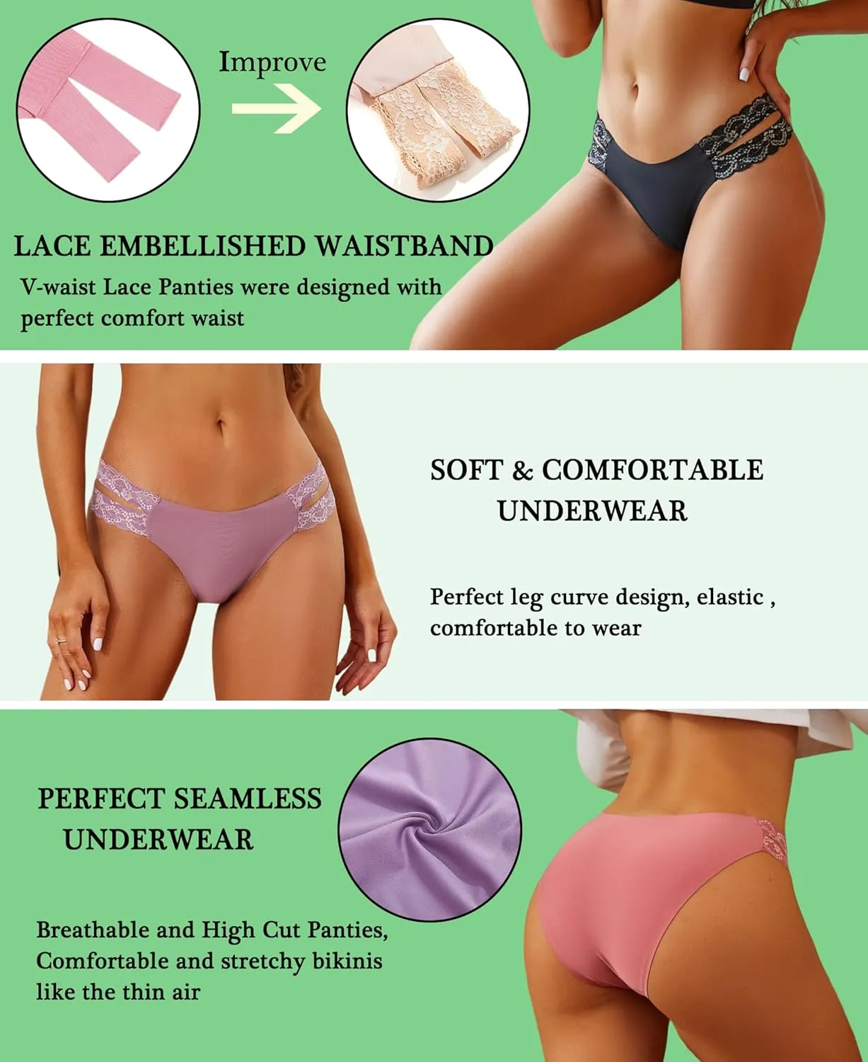 FINETOO Seamless Underwear for Women Cheeky Bikini Panties High Cut V-waist Lace Underwear Women Cute Bikinis 6 Pack