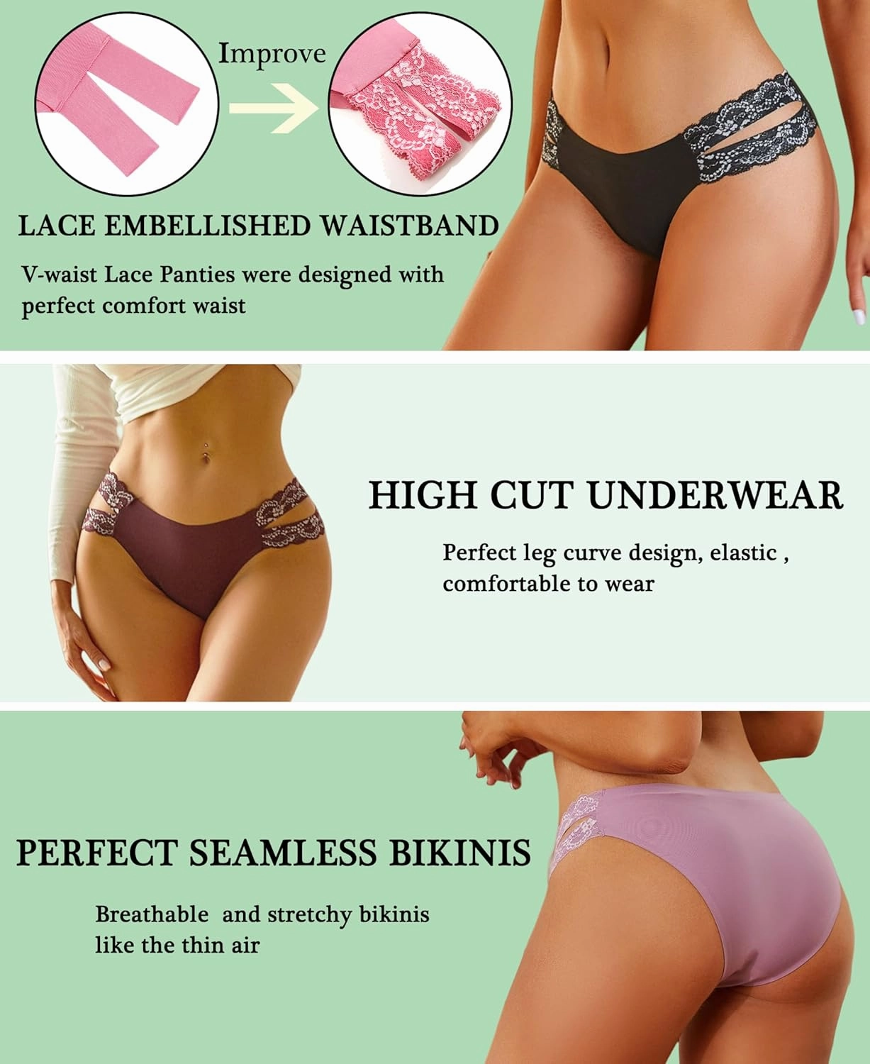 FINETOO Seamless Underwear for Women Cheeky Bikini Panties High Cut V-waist Lace Underwear Women Cute Bikinis 6 Pack