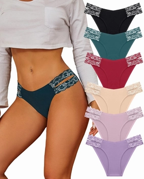 FINETOO Seamless Underwear for Women Cheeky Bikini Panties High Cut V-waist Lace Underwear Women Cute Bikinis 6 Pack