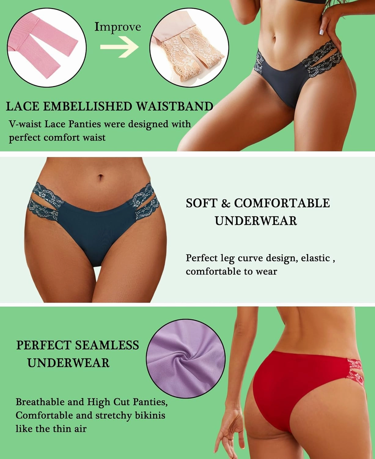 FINETOO Seamless Underwear for Women Cheeky Bikini Panties High Cut V-waist Lace Underwear Women Cute Bikinis 6 Pack