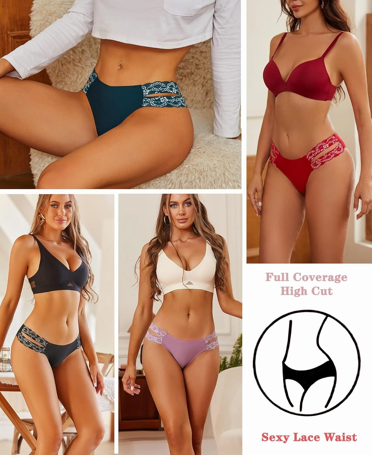 FINETOO Seamless Underwear for Women Cheeky Bikini Panties High Cut V-waist Lace Underwear Women Cute Bikinis 6 Pack