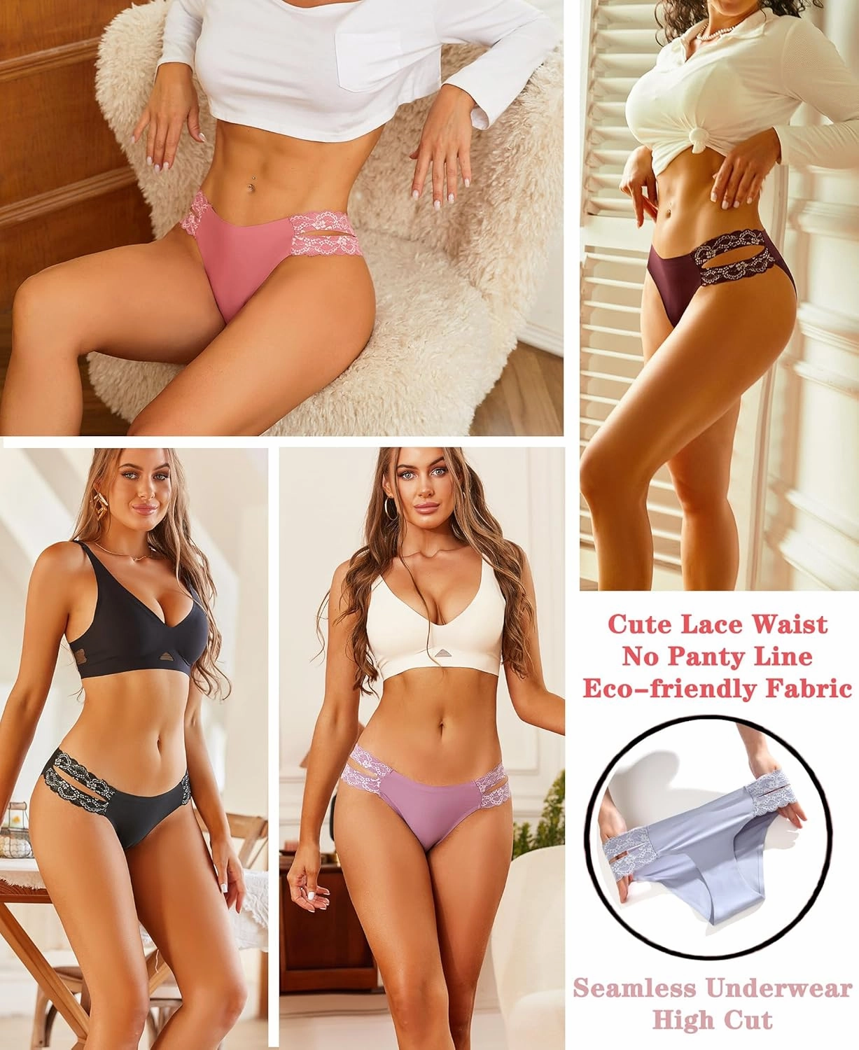 FINETOO Seamless Underwear for Women Cheeky Bikini Panties High Cut V-waist Lace Underwear Women Cute Bikinis 6 Pack