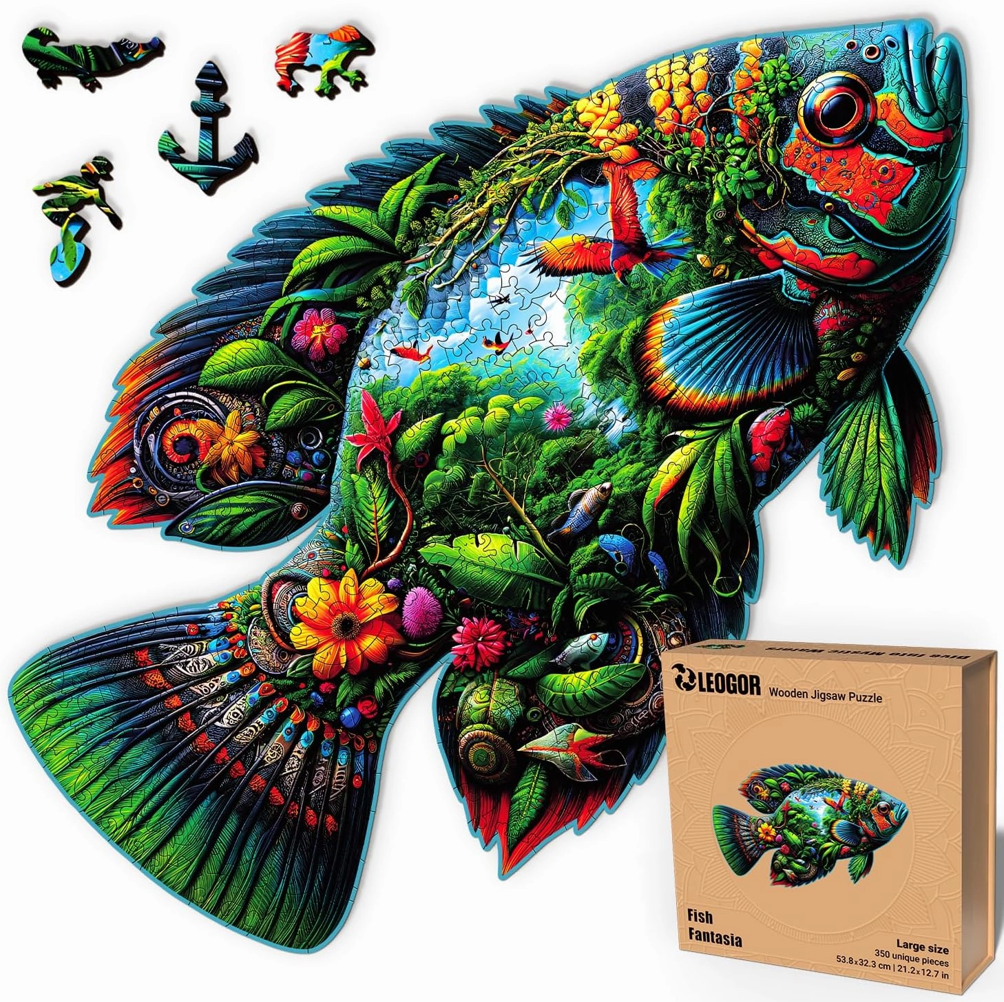 Fish Fantasia - 350 Piece Wooden Puzzles for Adults - 21.2 x 12.7 in - Extra-Thick 5 mm Wood Puzzle, Hand-Shaped Pieces, Marine Life Mosaic Design - Premium Gift for Puzzle Lovers by LEOGOR