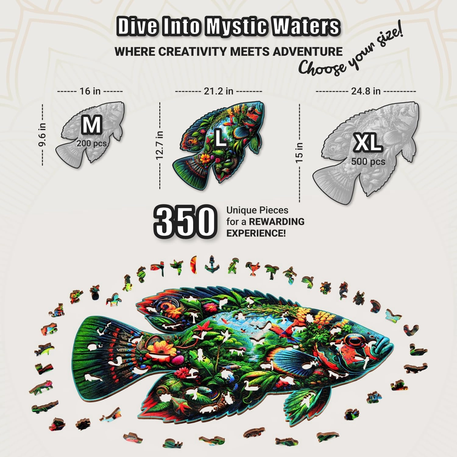 Fish Fantasia - 350 Piece Wooden Puzzles for Adults - 21.2 x 12.7 in - Extra-Thick 5 mm Wood Puzzle, Hand-Shaped Pieces, Marine Life Mosaic Design - Premium Gift for Puzzle Lovers by LEOGOR