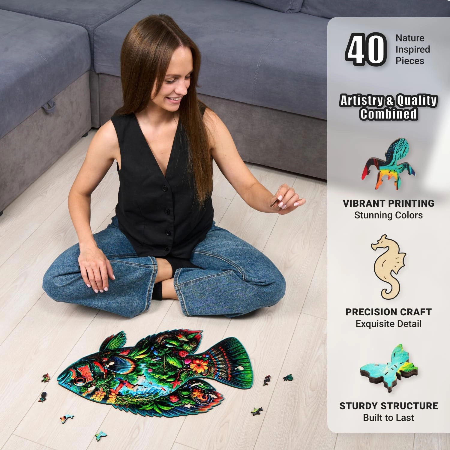 Fish Fantasia - 350 Piece Wooden Puzzles for Adults - 21.2 x 12.7 in - Extra-Thick 5 mm Wood Puzzle, Hand-Shaped Pieces, Marine Life Mosaic Design - Premium Gift for Puzzle Lovers by LEOGOR