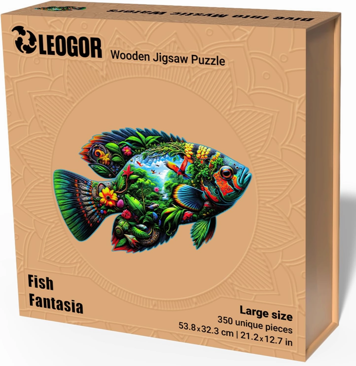 Fish Fantasia - 350 Piece Wooden Puzzles for Adults - 21.2 x 12.7 in - Extra-Thick 5 mm Wood Puzzle, Hand-Shaped Pieces, Marine Life Mosaic Design - Premium Gift for Puzzle Lovers by LEOGOR