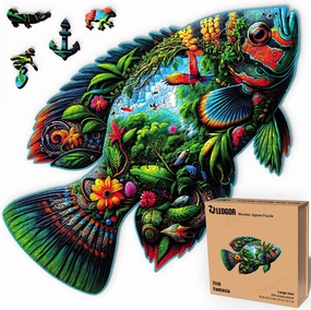 Fish Fantasia - 350 Piece Wooden Puzzles for Adults - 21.2 x 12.7 in - Extra-Thick 5 mm Wood Puzzle, Hand-Shaped Pieces, Marine Life Mosaic Design - Premium Gift for Puzzle Lovers by LEOGOR