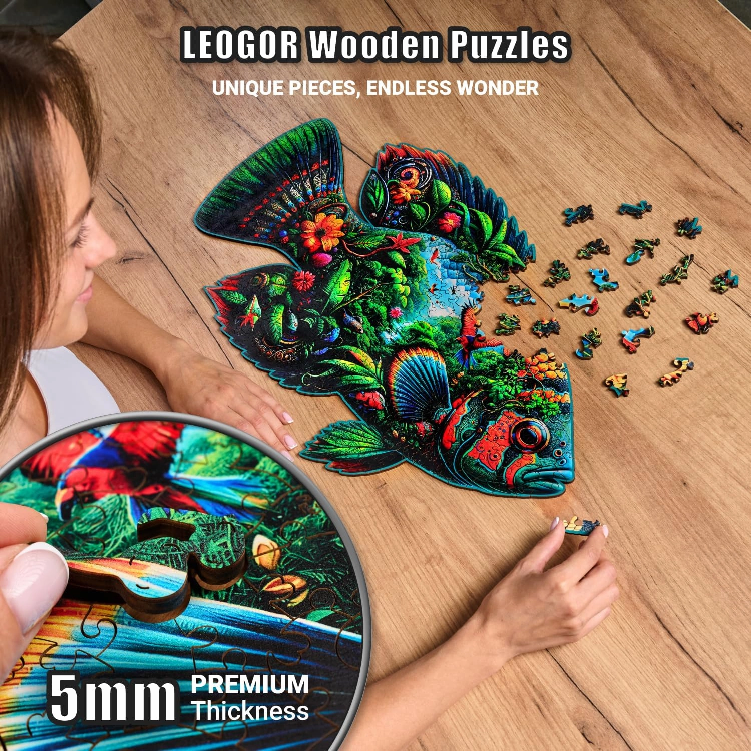 Fish Fantasia - 350 Piece Wooden Puzzles for Adults - 21.2 x 12.7 in - Extra-Thick 5 mm Wood Puzzle, Hand-Shaped Pieces, Marine Life Mosaic Design - Premium Gift for Puzzle Lovers by LEOGOR