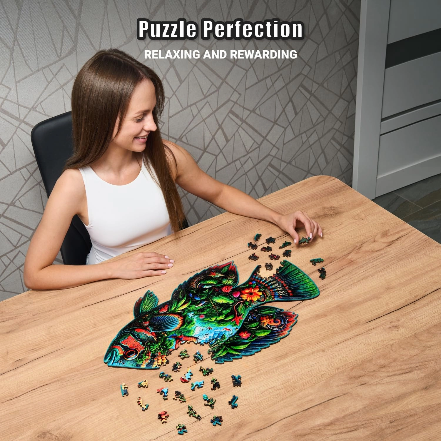 Fish Fantasia - 350 Piece Wooden Puzzles for Adults - 21.2 x 12.7 in - Extra-Thick 5 mm Wood Puzzle, Hand-Shaped Pieces, Marine Life Mosaic Design - Premium Gift for Puzzle Lovers by LEOGOR