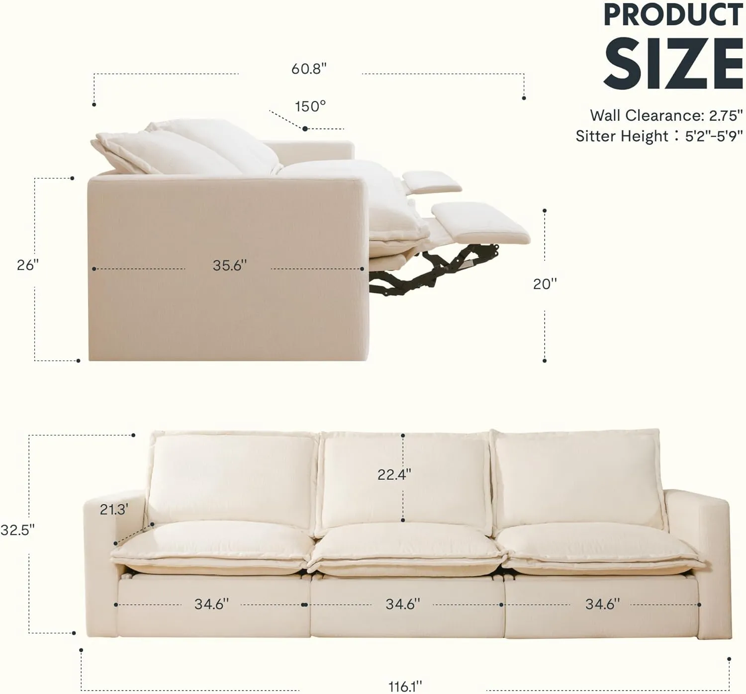 FLEXISPOT XMS4 Power Reclining Sofa, 116.1" Width Oversized 3-Seater Sofa, Reclining Sectional Couches for Living Room, Fixed Center Seat, USB Port, Cloud Couch, Wall Hugger, Beige Fabric