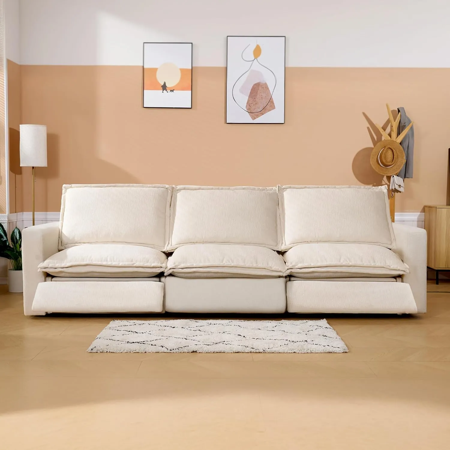 FLEXISPOT XMS4 Power Reclining Sofa, 116.1" Width Oversized 3-Seater Sofa, Reclining Sectional Couches for Living Room, Fixed Center Seat, USB Port, Cloud Couch, Wall Hugger, Beige Fabric