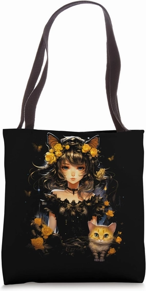 Floral Fairycore Portrayal: Cute Fairy Beauty With Her Cat Tote Bag