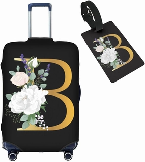 Flower Letter B Black Luggage Cover with Luggage Tag Elastic Washable Stretch Suitcase Protector Anti-Scratch Travel Suitcase Cover for Kid and Adult M (for 22-24 inch suitcase)