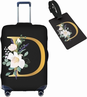 Flower Letter D Black Luggage Cover with Luggage Tag Elastic Washable Stretch Suitcase Protector Anti-Scratch Travel Suitcase Cover for Kid and Adult M (for 22-24 inch suitcase)