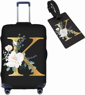 Flower Letter K Black Luggage Cover with Luggage Tag Elastic Washable Stretch Suitcase Protector Anti-Scratch Travel Suitcase Cover for Kid and Adult M (for 22-24 inch suitcase)