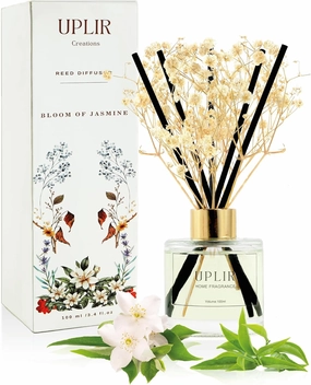 Flower Reed Diffusers for Home with 1 Jasmine & White Tea Double Essential Oil, 3.4 oz (100ml) - Elegant Reed Diffuser Set with 5 Sticks for Home Decor, Bathroom, Any Room, Housewarming Gift
