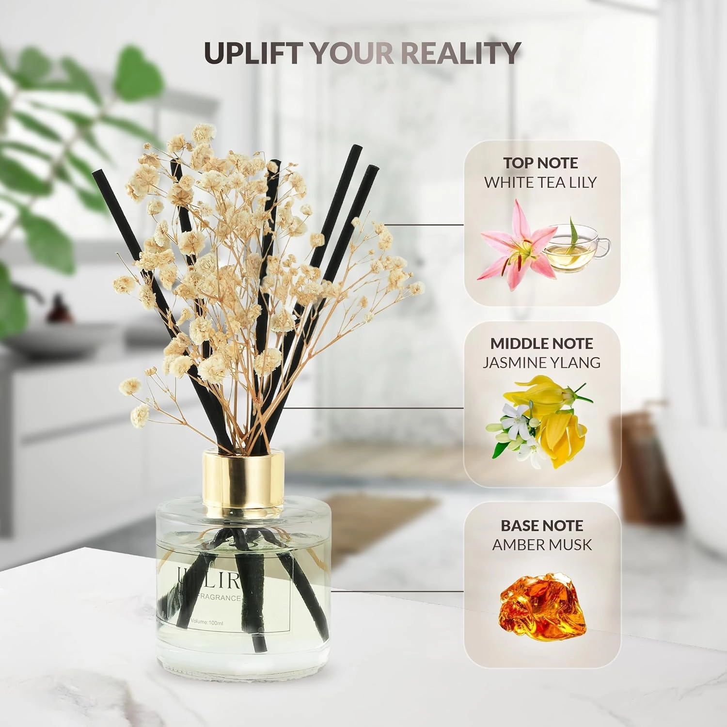 Flower Reed Diffusers for Home with 1 Jasmine & White Tea Double Essential Oil, 3.4 oz (100ml) - Elegant Reed Diffuser Set with 5 Sticks for Home Decor, Bathroom, Any Room, Housewarming Gift