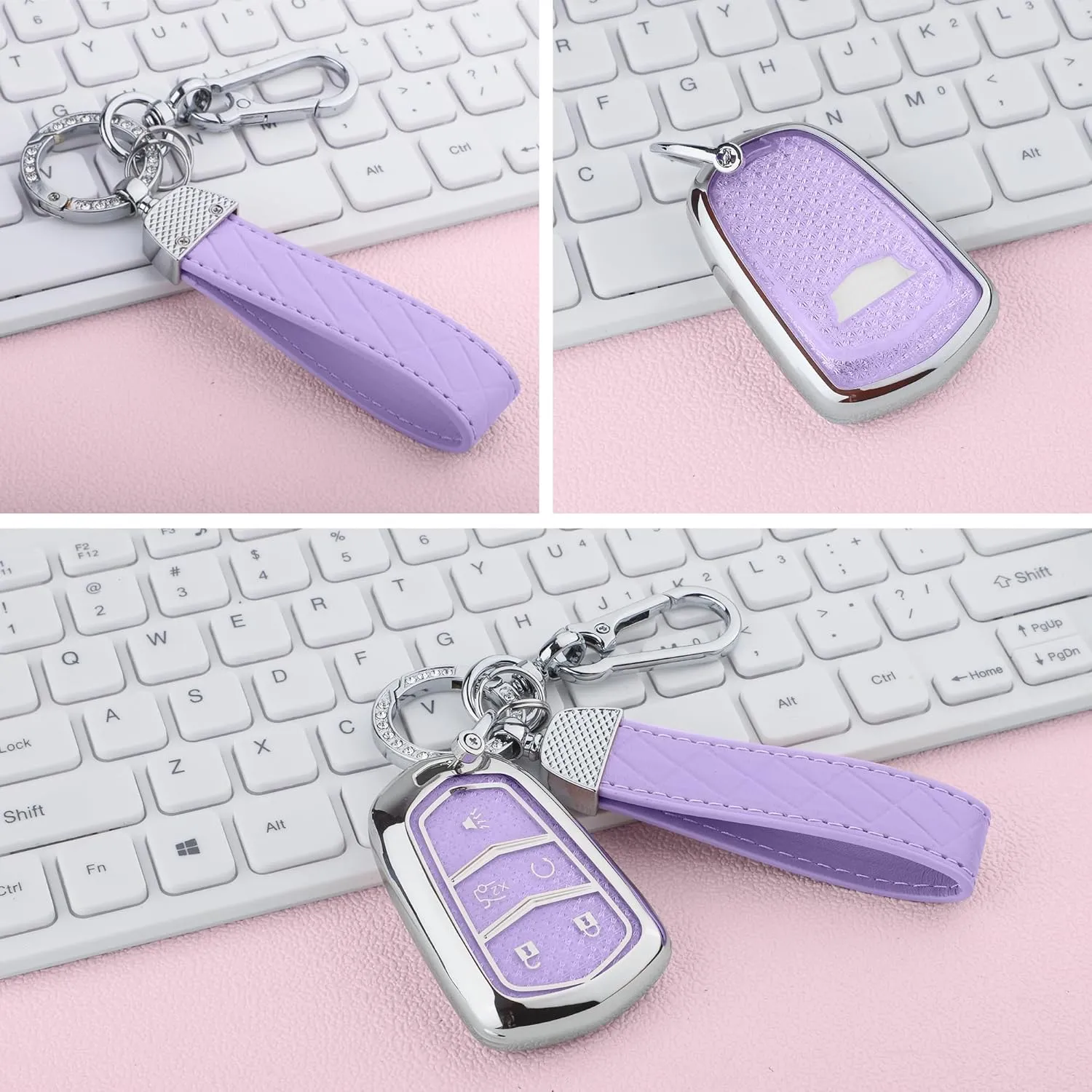 for Cadillac Key Fob Cover, Soft TPU Keys Protector Bling Key Fob Keychain for Cadillac SRX CTS CT6 XTS XT5 XT6 XT4 ATS Accessories Smart Keys, Silver Purple
