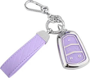 for Cadillac Key Fob Cover, Soft TPU Keys Protector Bling Key Fob Keychain for Cadillac SRX CTS CT6 XTS XT5 XT6 XT4 ATS Accessories Smart Keys, Silver Purple