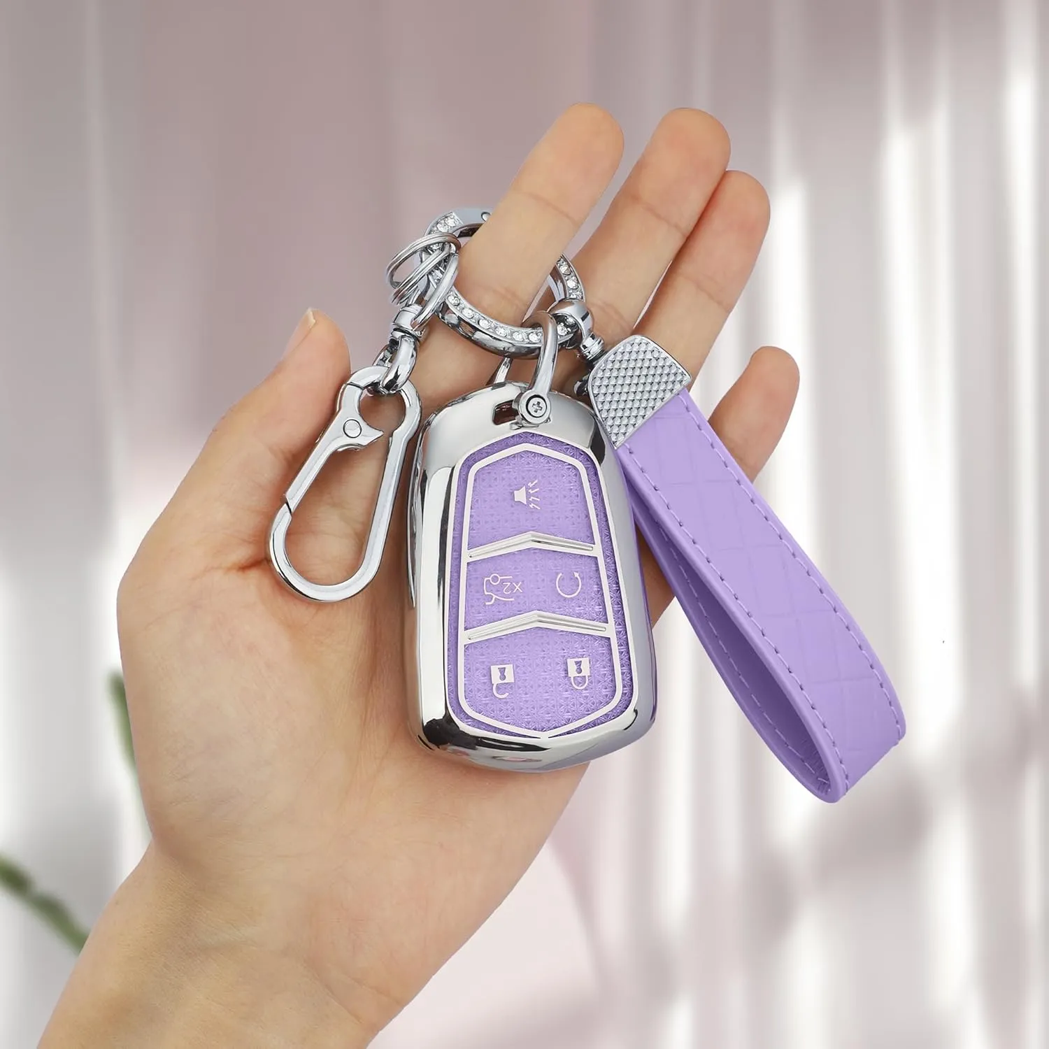 for Cadillac Key Fob Cover, Soft TPU Keys Protector Bling Key Fob Keychain for Cadillac SRX CTS CT6 XTS XT5 XT6 XT4 ATS Accessories Smart Keys, Silver Purple