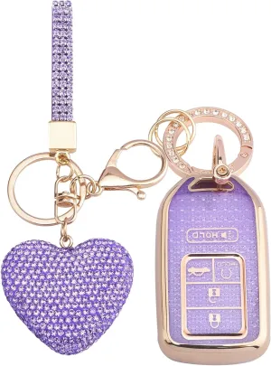 for Honda Key fob Cover with Diamond Heart Keychain, Car Accessories TPU for 2016-2022 Accord Civic CRV Pilot Odyssey Smart Key Case, Gold Purple