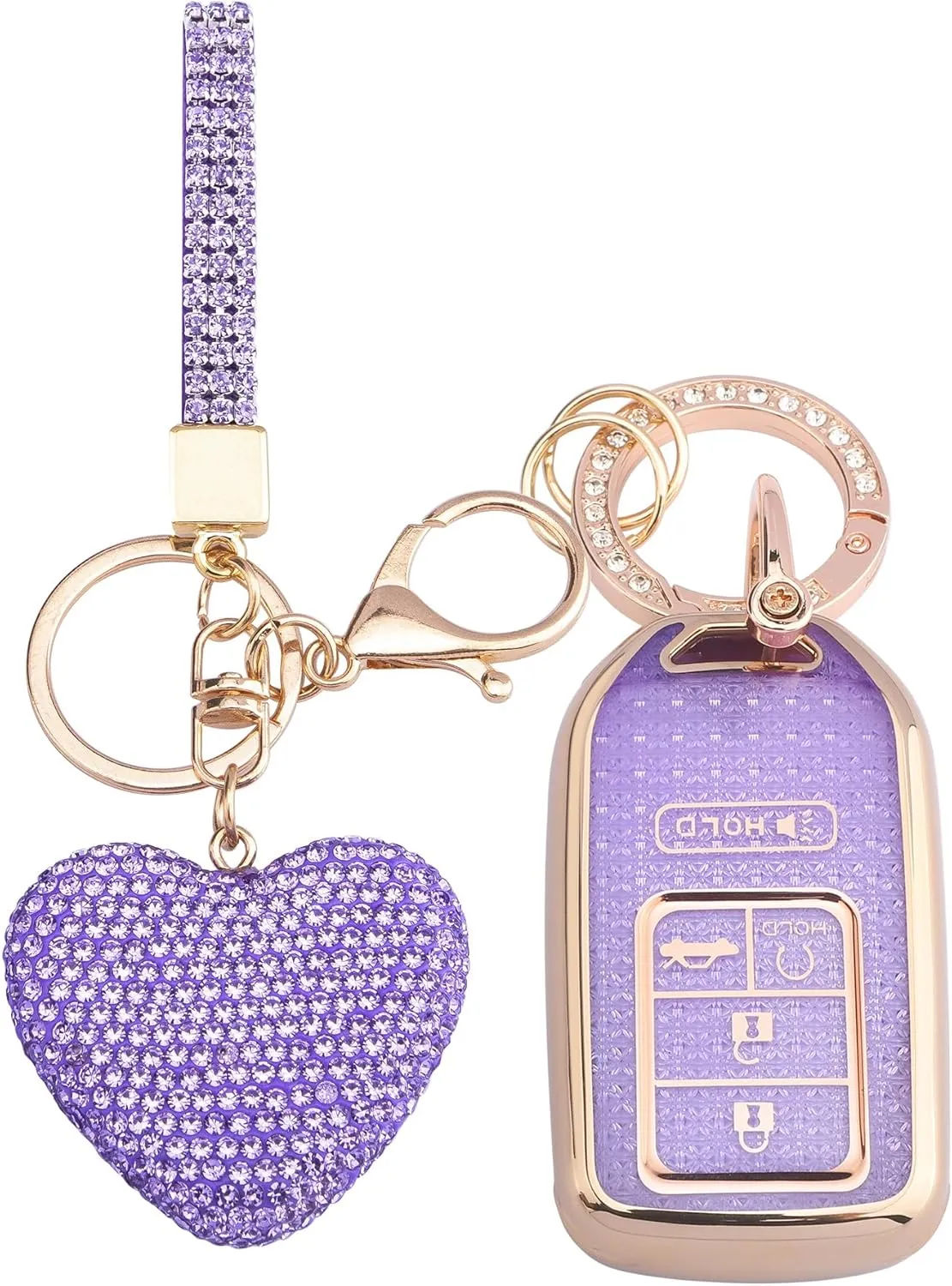 for Honda Key fob Cover with Diamond Heart Keychain, Car Accessories TPU for 2016-2022 Accord Civic CRV Pilot Odyssey Smart Key Case, Gold Purple