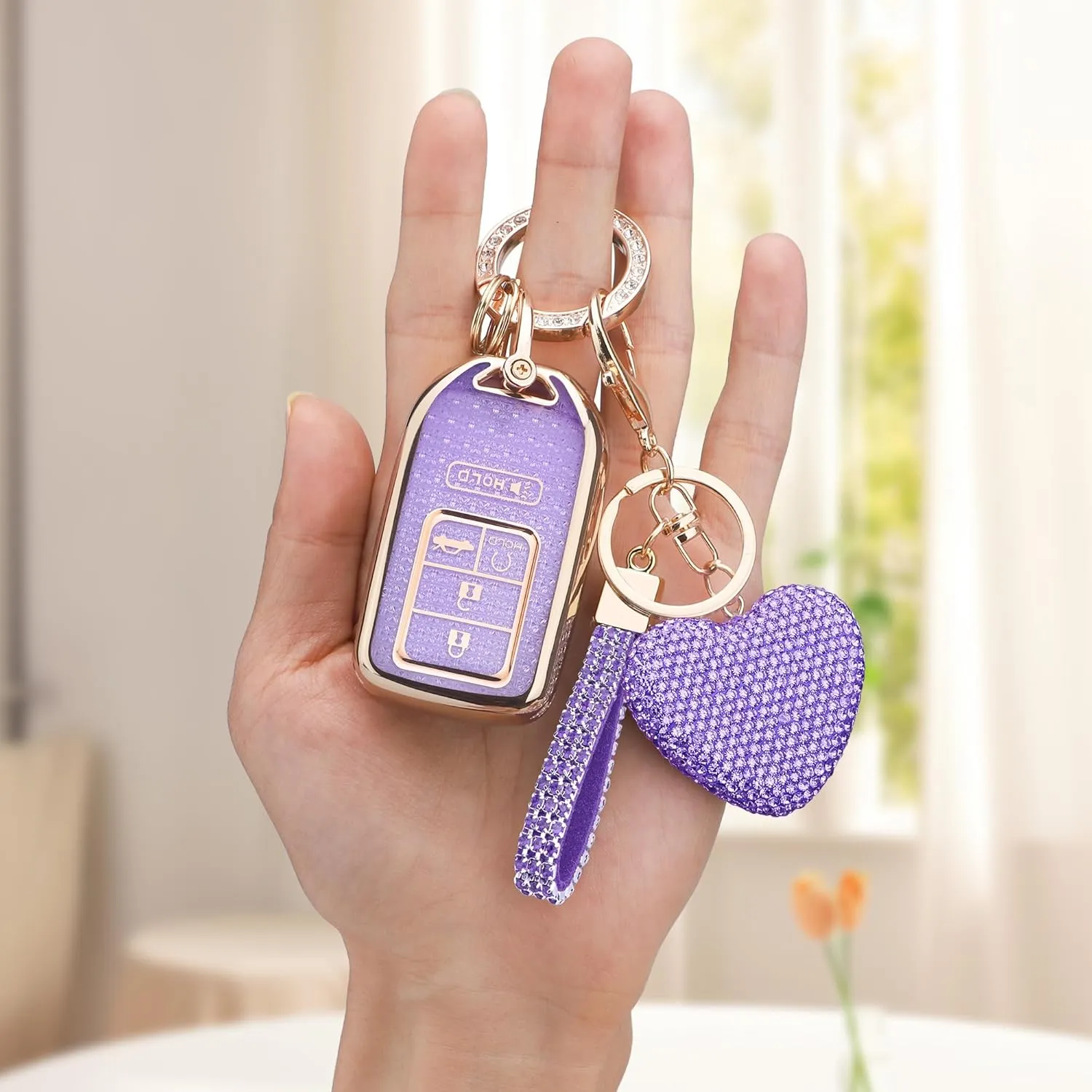 for Honda Key fob Cover with Diamond Heart Keychain, Car Accessories TPU for 2016-2022 Accord Civic CRV Pilot Odyssey Smart Key Case, Gold Purple