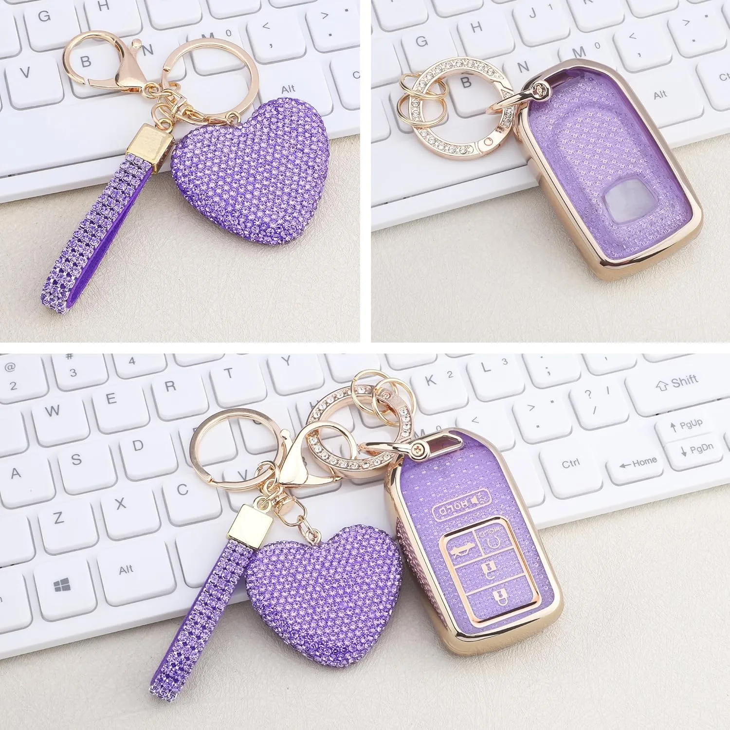 for Honda Key fob Cover with Diamond Heart Keychain, Car Accessories TPU for 2016-2022 Accord Civic CRV Pilot Odyssey Smart Key Case, Gold Purple