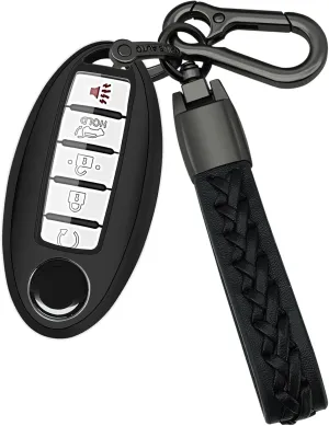 for nissan Key fob Cover case with chain,Soft TPU Protect car Key Compatible with Altima Rogue Maxima Pathfinder ect 3/4/5 buttons Remote Smart Key,Key case-Black
