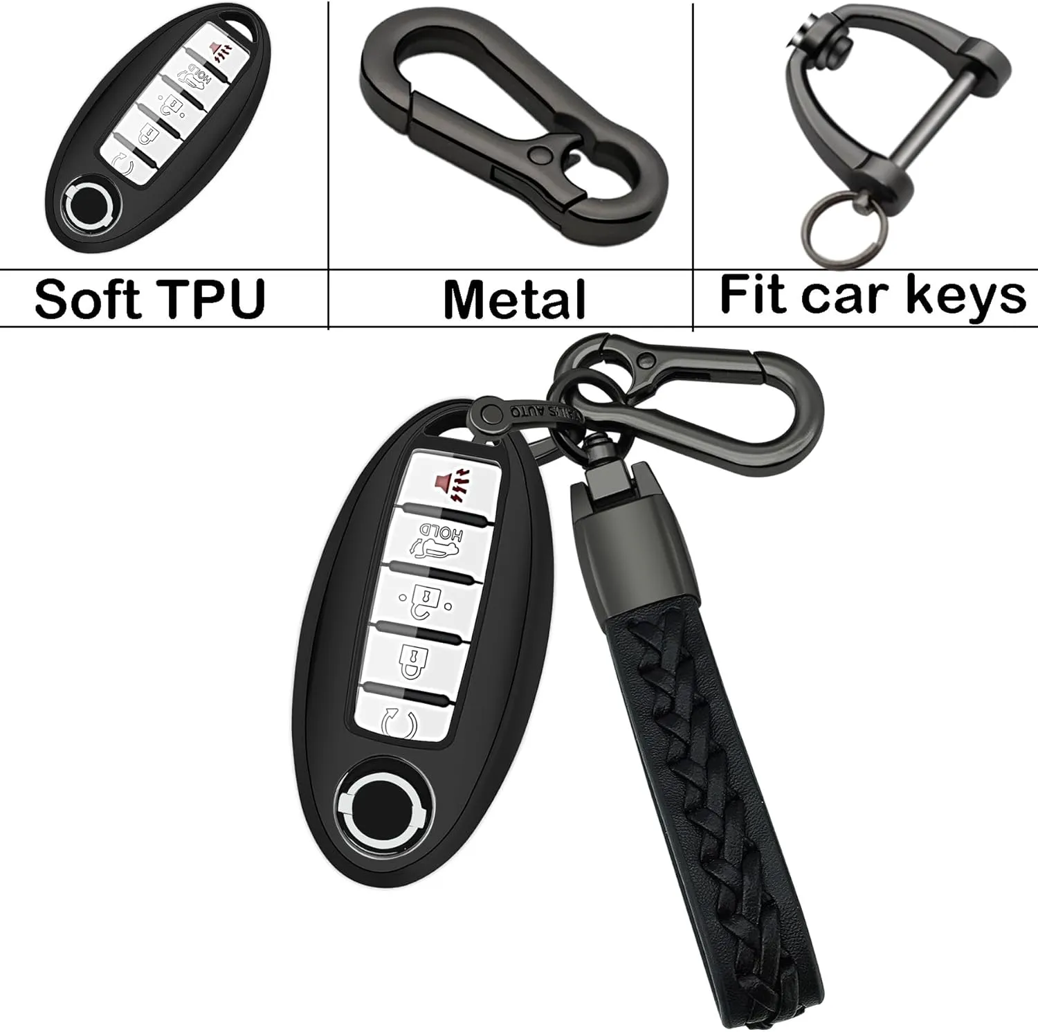 for nissan Key fob Cover case with chain,Soft TPU Protect car Key Compatible with Altima Rogue Maxima Pathfinder ect 3/4/5 buttons Remote Smart Key,Key case-Black