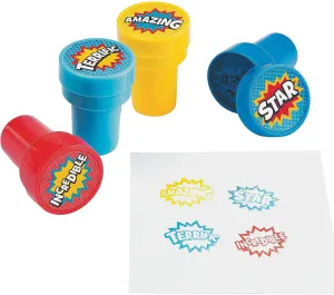 Fun Express Superhero Comic Book Sound Effect Self-Inking Plastic Stampers - Superhero Birthday Party Gifts - Valentine's Day Party Favors - 24 Pieces
