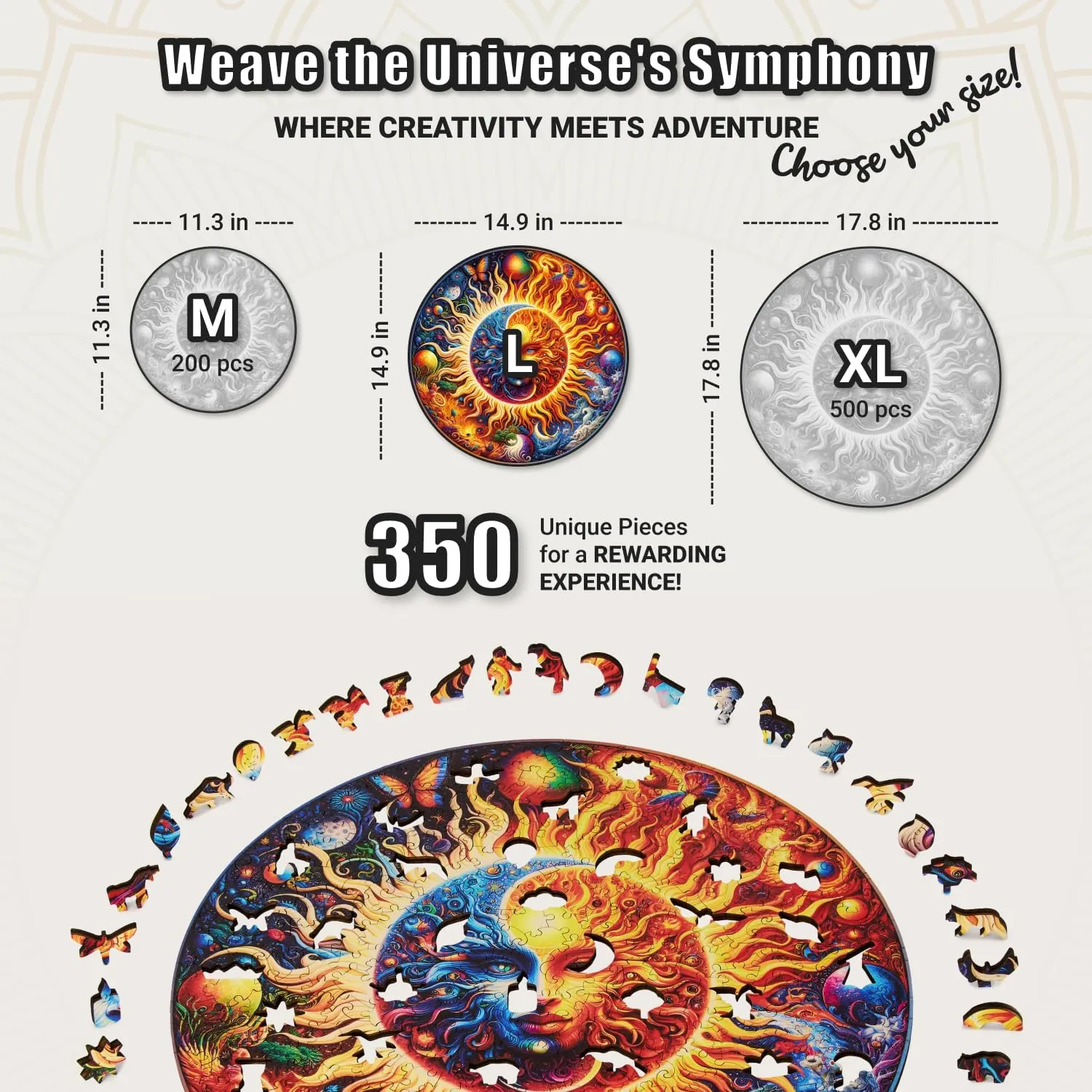 Galactic Enigma - 350 Piece Wooden Puzzles for Adults - 14.9 x 14.9 in - Extra-Thick 5 mm Wood Puzzle, Hand-Shaped Pieces, Round Mosaic Design - Premium Gift for Puzzle Lovers by LEOGOR