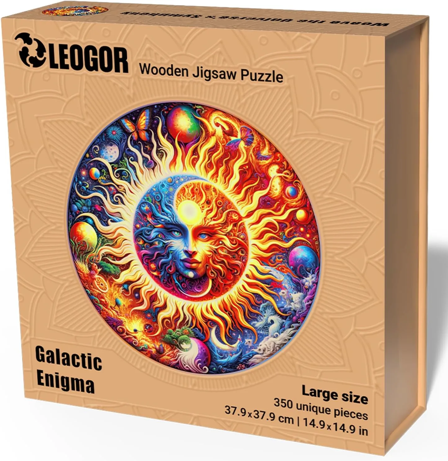 Galactic Enigma - 350 Piece Wooden Puzzles for Adults - 14.9 x 14.9 in - Extra-Thick 5 mm Wood Puzzle, Hand-Shaped Pieces, Round Mosaic Design - Premium Gift for Puzzle Lovers by LEOGOR