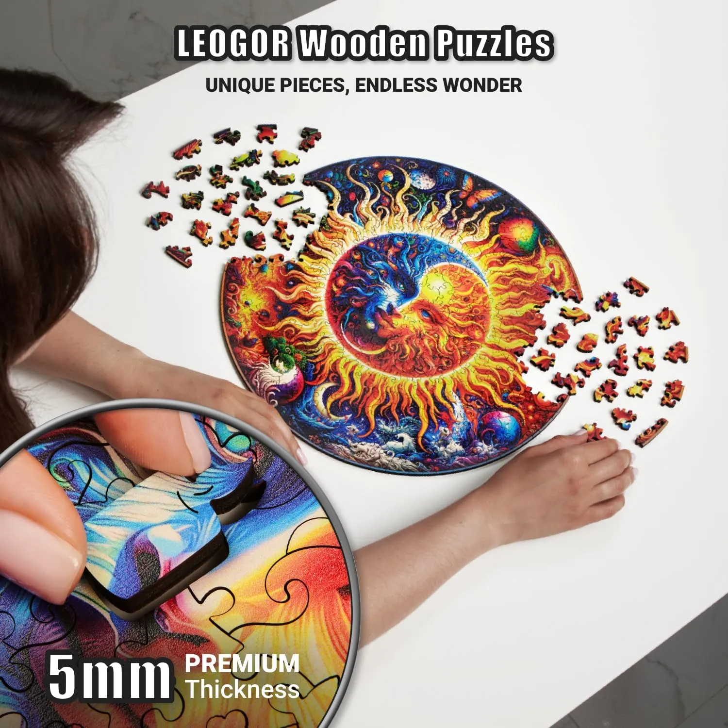 Galactic Enigma - 350 Piece Wooden Puzzles for Adults - 14.9 x 14.9 in - Extra-Thick 5 mm Wood Puzzle, Hand-Shaped Pieces, Round Mosaic Design - Premium Gift for Puzzle Lovers by LEOGOR