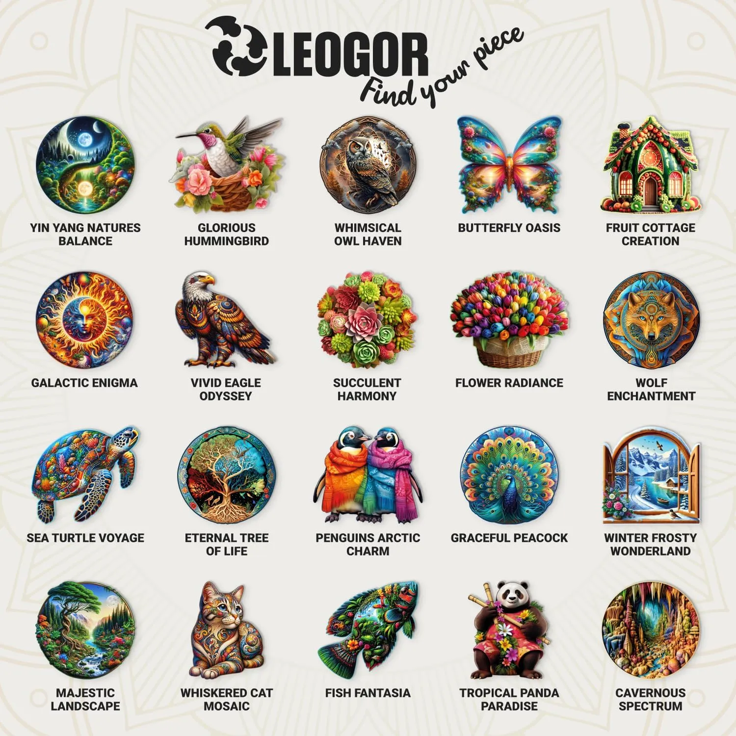 Galactic Enigma - 350 Piece Wooden Puzzles for Adults - 14.9 x 14.9 in - Extra-Thick 5 mm Wood Puzzle, Hand-Shaped Pieces, Round Mosaic Design - Premium Gift for Puzzle Lovers by LEOGOR