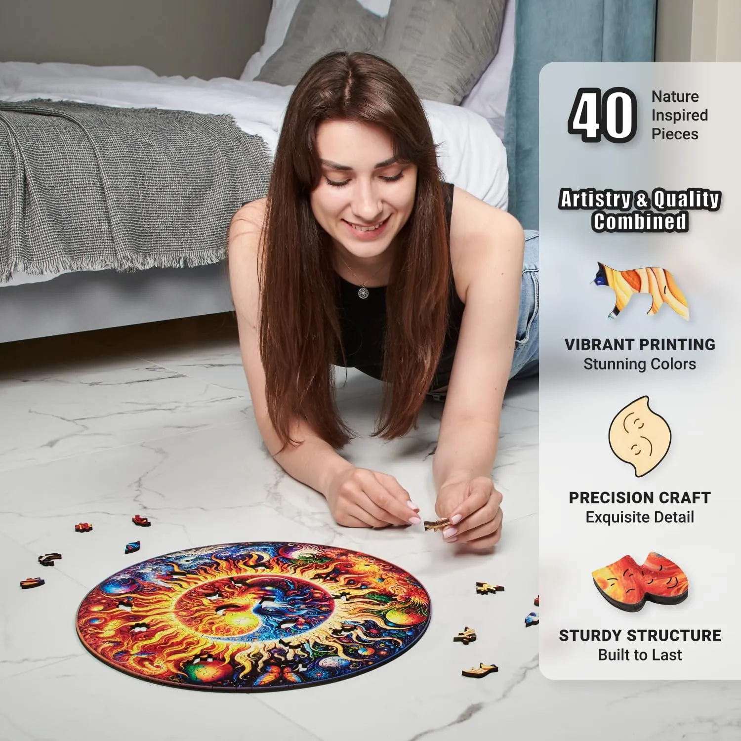 Galactic Enigma - 350 Piece Wooden Puzzles for Adults - 14.9 x 14.9 in - Extra-Thick 5 mm Wood Puzzle, Hand-Shaped Pieces, Round Mosaic Design - Premium Gift for Puzzle Lovers by LEOGOR