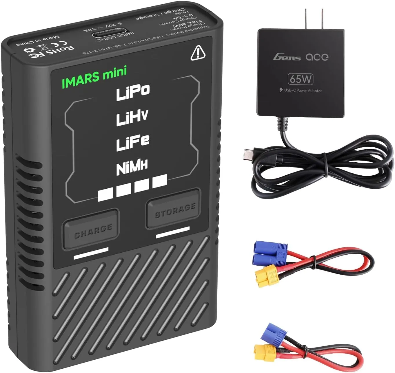 Gens ace Imars Mini G-Tech Series 60W Lipo Battery Charger with a 65W Type-C PD Adapter for LiPo/Life/LiHV 2-4S, NiMH 2-12S